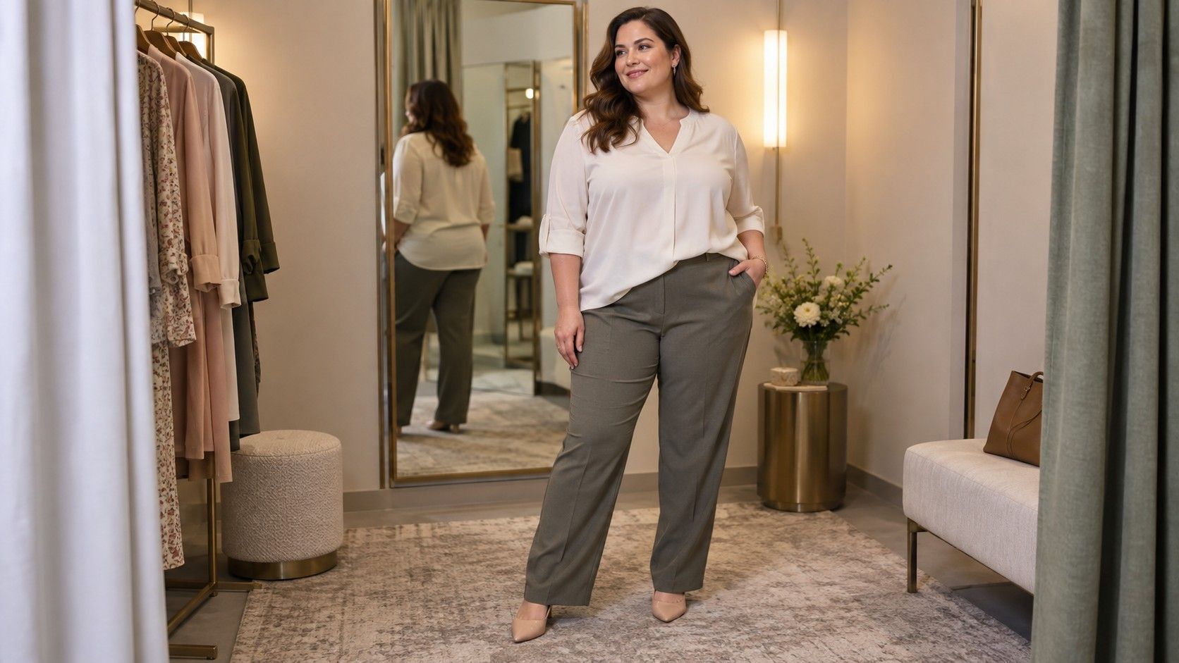 Comfortable apple body shape outfit with an open-neck top and straight trousers