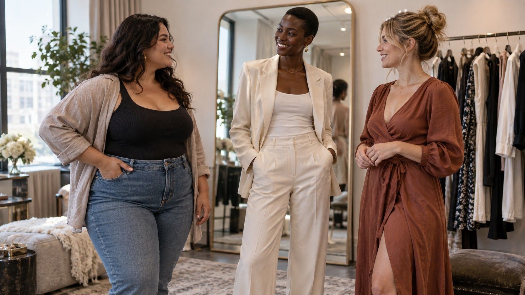 Person comparing the fit and proportions of two outfits