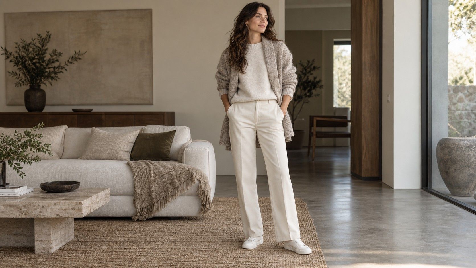 Rectangle body shape outfit with a cropped jacket and straight-leg trousers